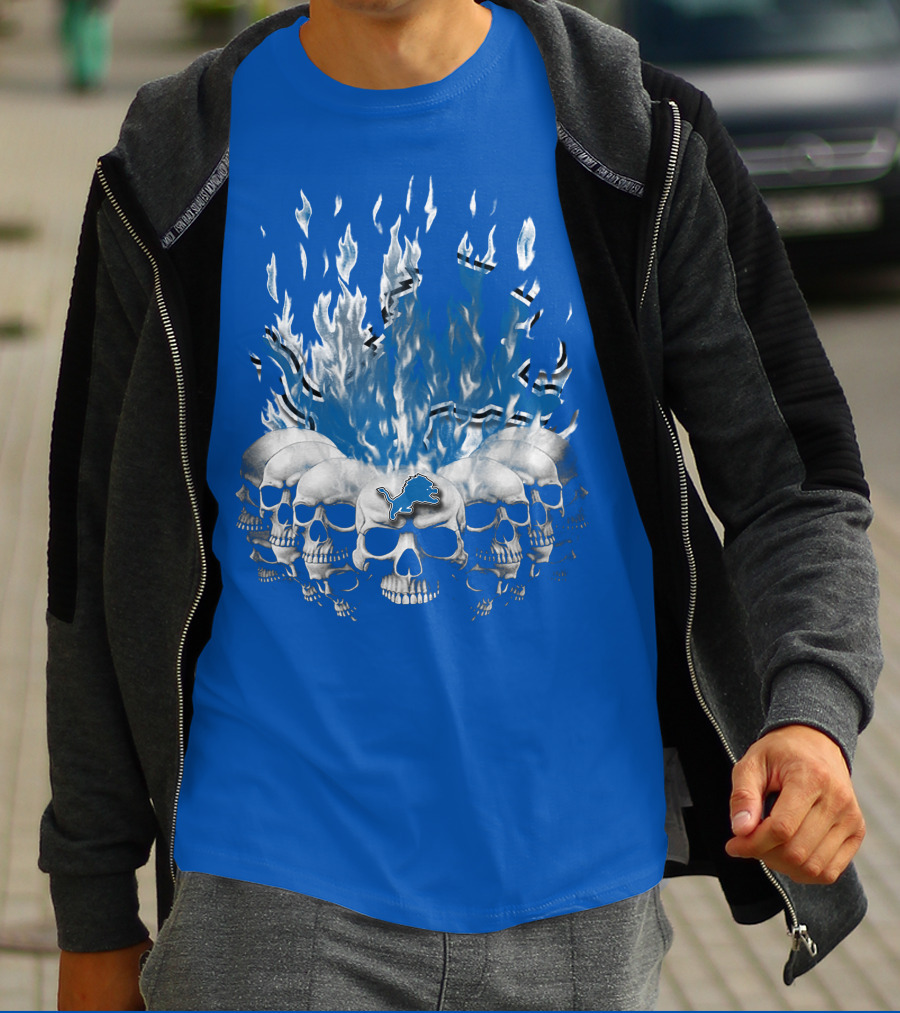 Detroit Lions 16 Flaming Skulls T-Shirt