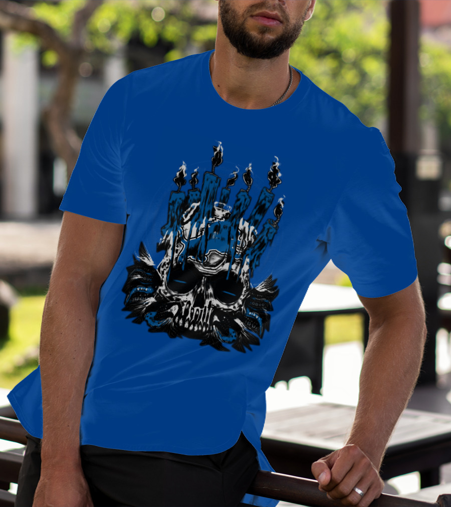 Detroit Lions Skull With Blue Flames And Candles T-Shirt