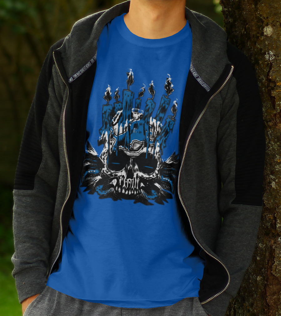 Detroit Lions Skull With Blue Flames And Candles T-Shirt