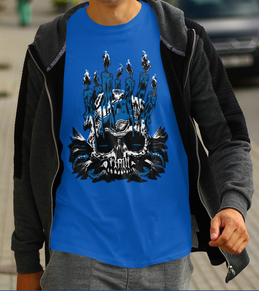 Detroit Lions Skull With Blue Flames And Candles T-Shirt