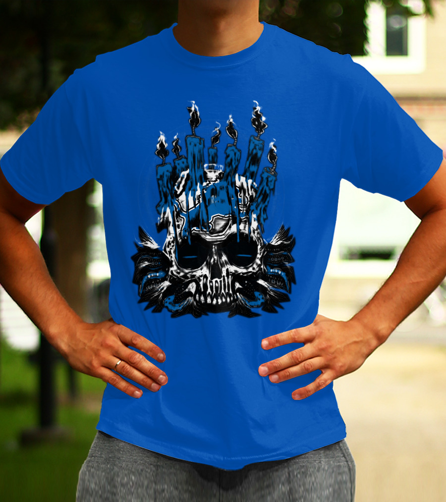 Detroit Lions Skull With Blue Flames And Candles T-Shirt