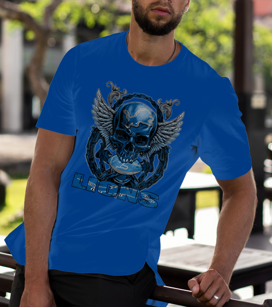 Winged Skull Detroit Lions Emblem Blue Silver Chains T-Shirt