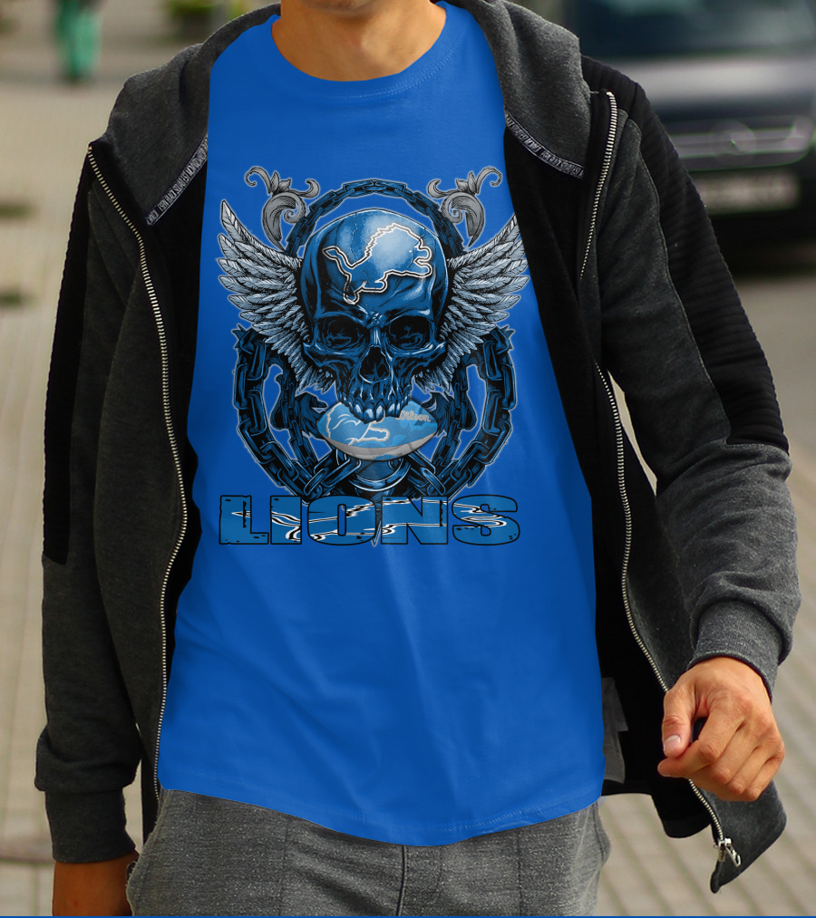 Winged Skull Detroit Lions Emblem Blue Silver Chains T-Shirt