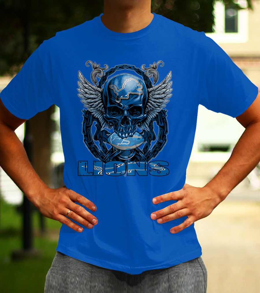 Winged Skull Detroit Lions Emblem Blue Silver Chains T-Shirt