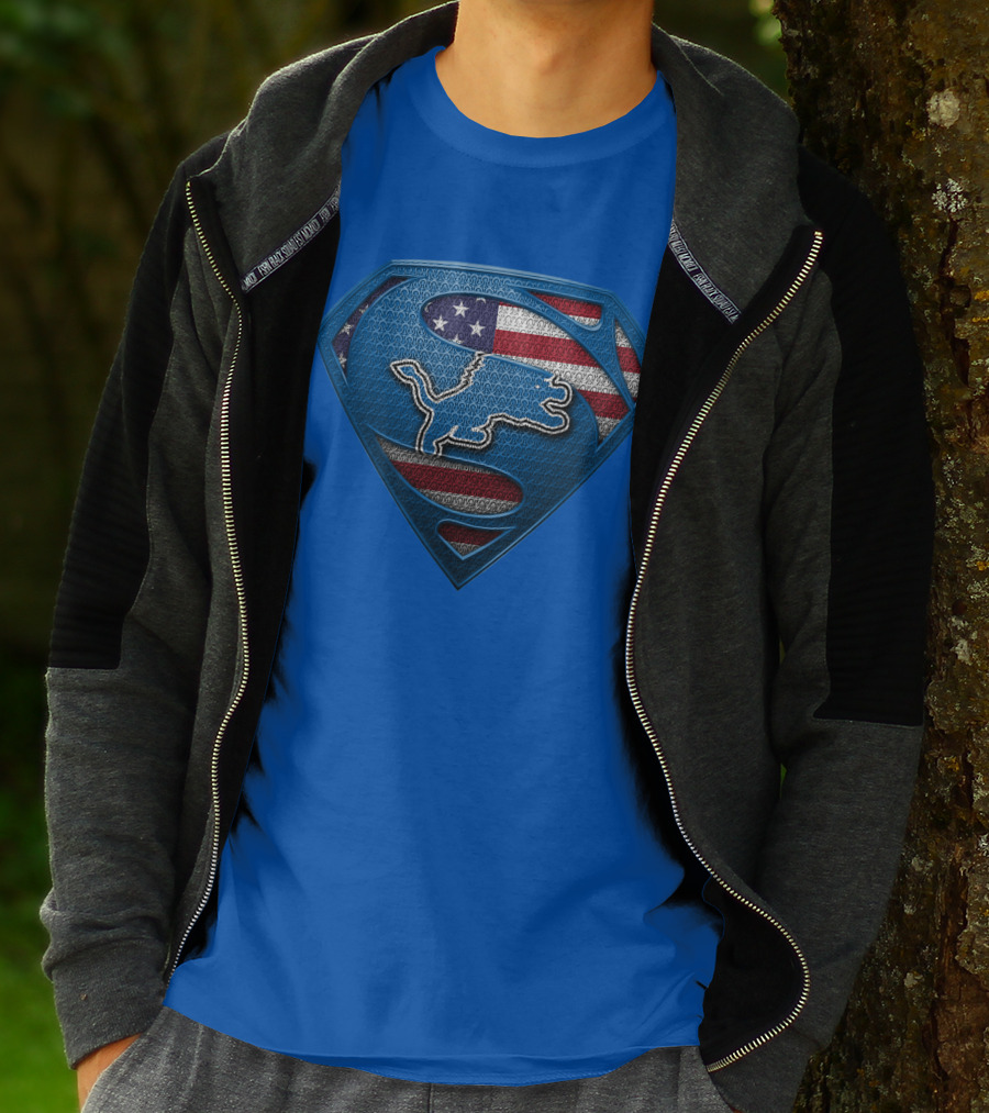 Spm Detroit Lions Superman Shield American Flag T-Shirt