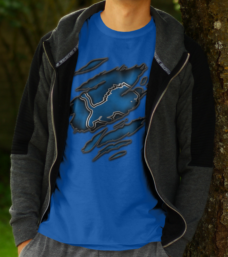 Torn Detroit Lions Blue Texture With Iconic Lion Logo In Claw Marks T-Shirt