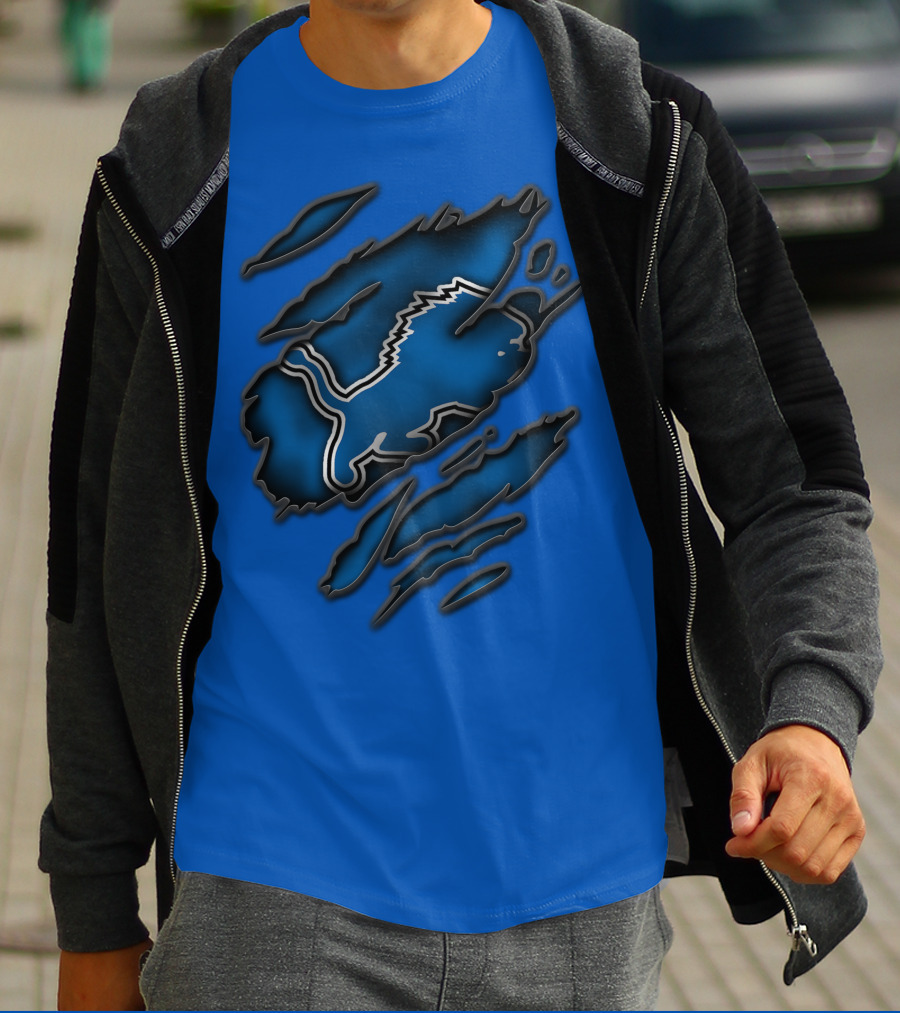 Torn Detroit Lions Blue Texture With Iconic Lion Logo In Claw Marks T-Shirt