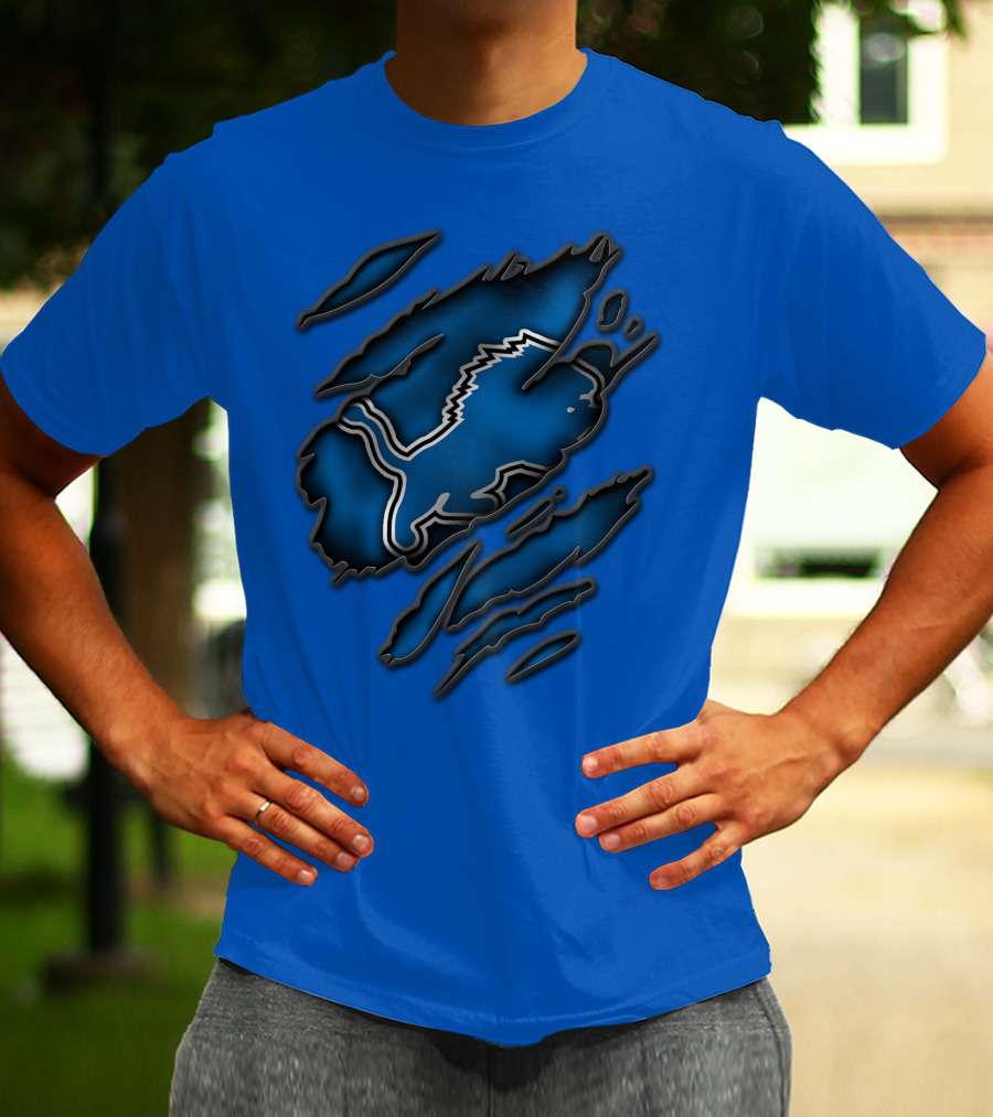 Torn Detroit Lions Blue Texture With Iconic Lion Logo In Claw Marks T-Shirt
