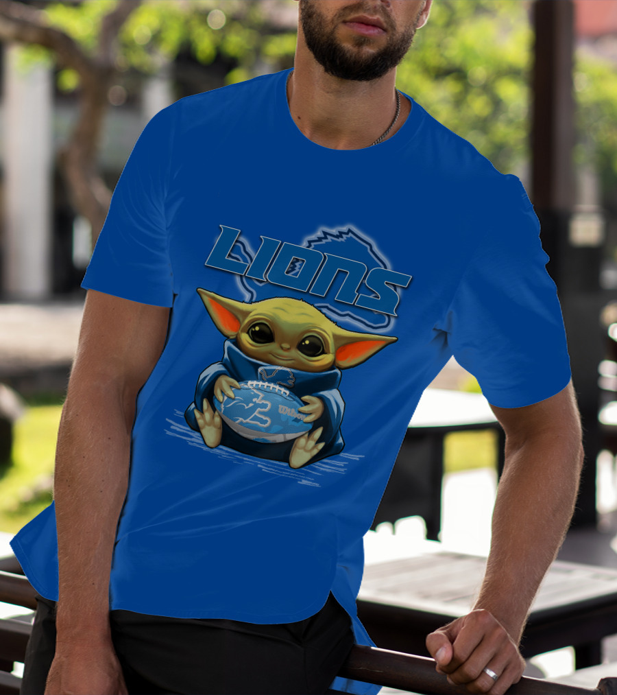 Lions Baby Yoda Holding Detroit Football Wilson Logo Fan Favorite T-Shirt