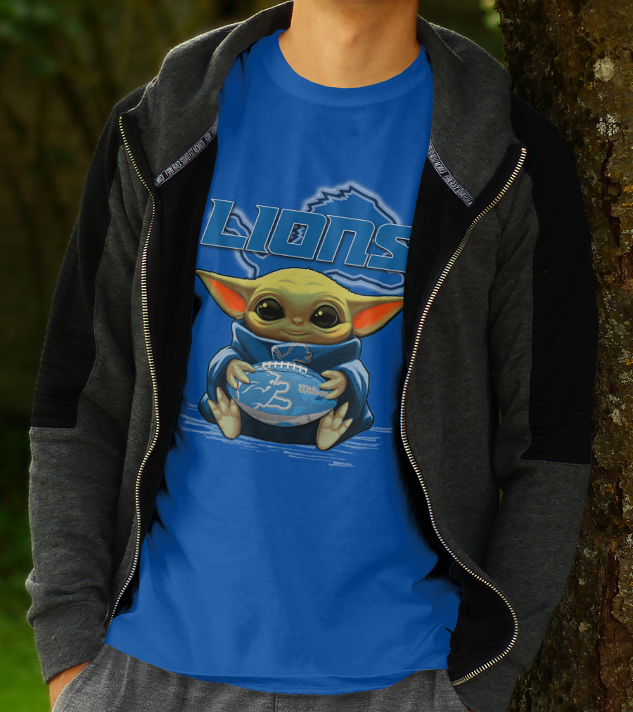 Lions Baby Yoda Holding Detroit Football Wilson Logo Fan Favorite T-Shirt
