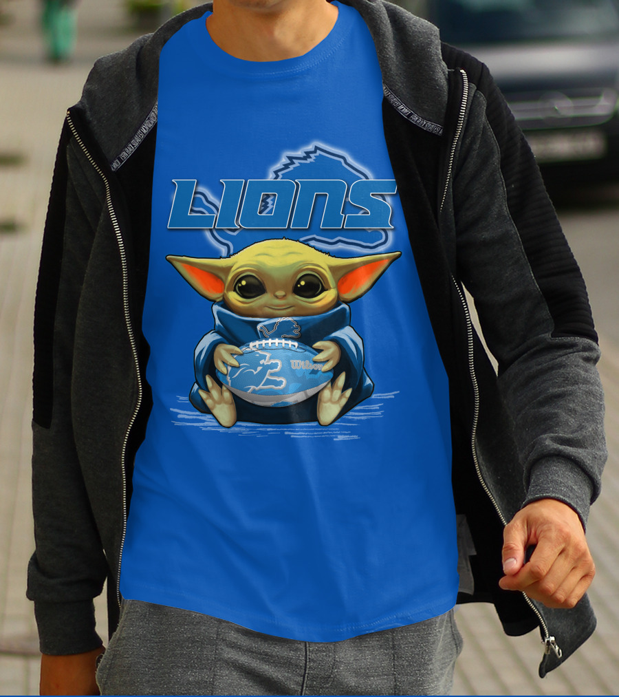Lions Baby Yoda Holding Detroit Football Wilson Logo Fan Favorite T-Shirt