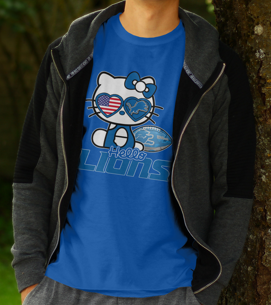 Hello Kitty Usa Detroit Lions Football Heart Glasses T-Shirt