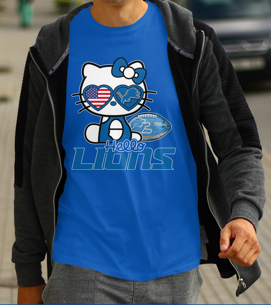 Hello Kitty Usa Detroit Lions Football Heart Glasses T-Shirt