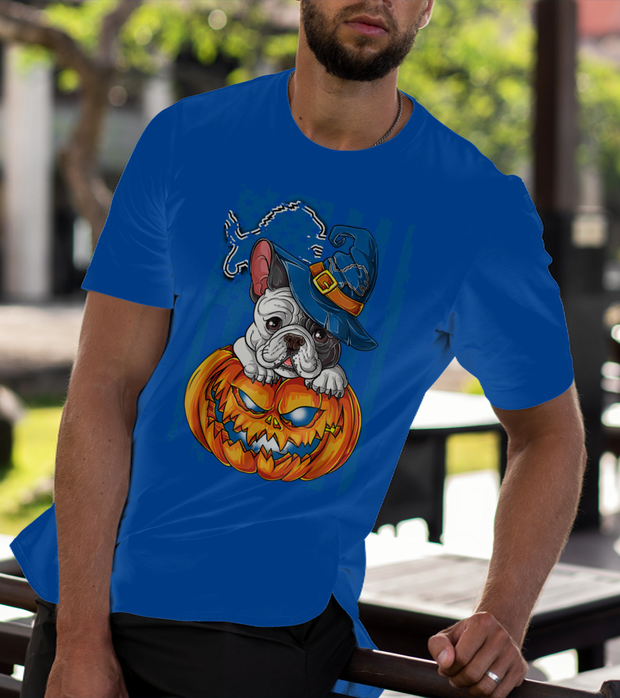Hlw Bulldog DETROIT LIONS Halloween Bulldog Pumpkin Pajama Football Fan Gift T-Shirt