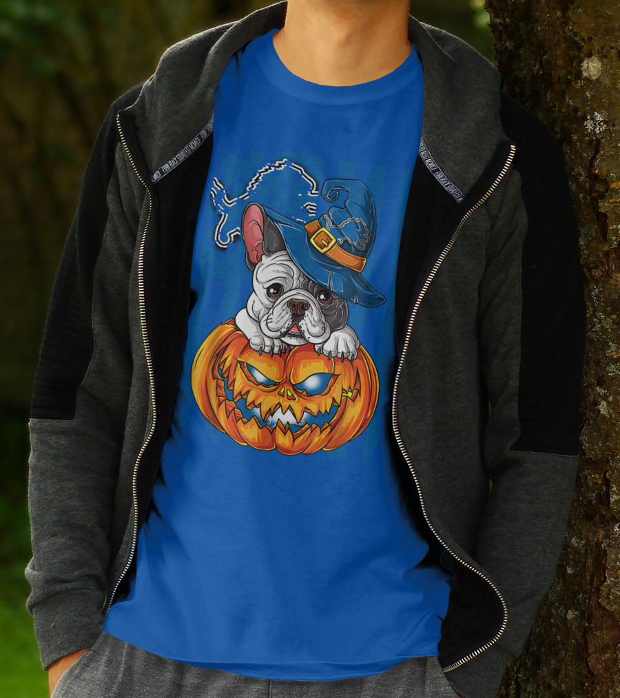 Hlw Bulldog DETROIT LIONS Halloween Bulldog Pumpkin Pajama Football Fan Gift T-Shirt