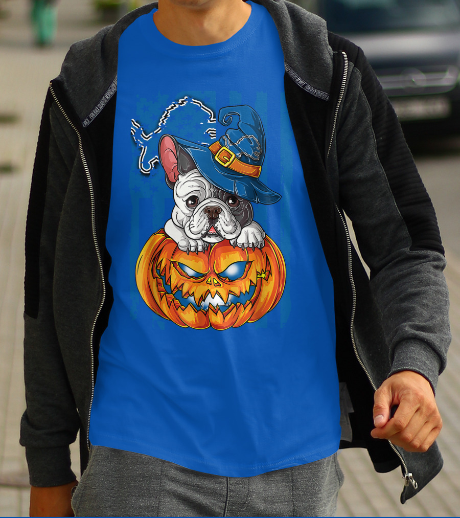 Hlw Bulldog DETROIT LIONS Halloween Bulldog Pumpkin Pajama Football Fan Gift T-Shirt