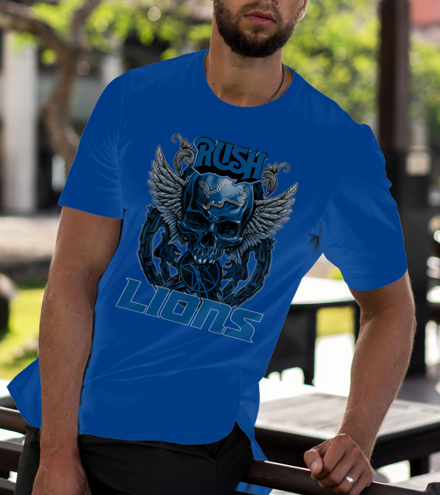 Rush Detroit Lions Skull With Wings And Chains T-Shirt