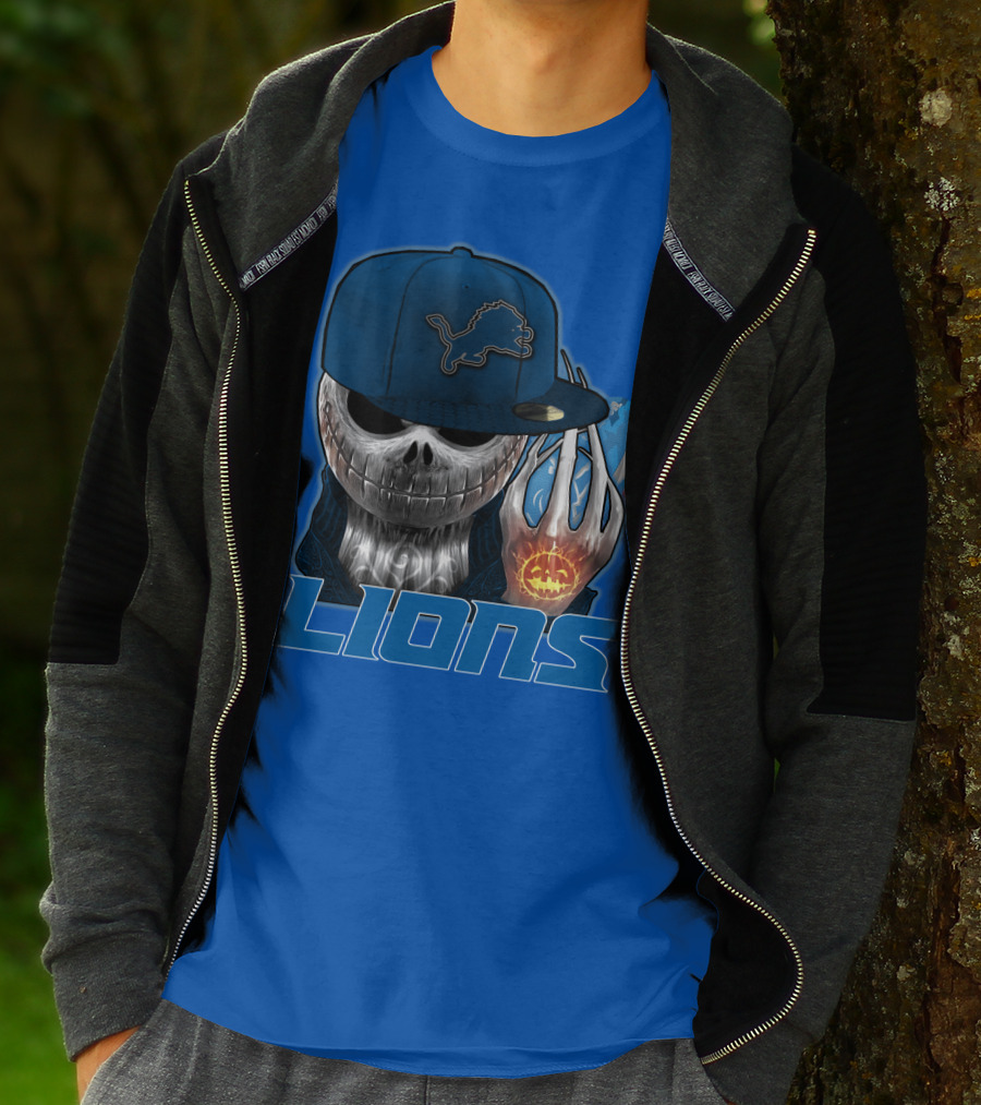 LIONS Jackskull Detroit Football Pumpkin Face Cap T-Shirt