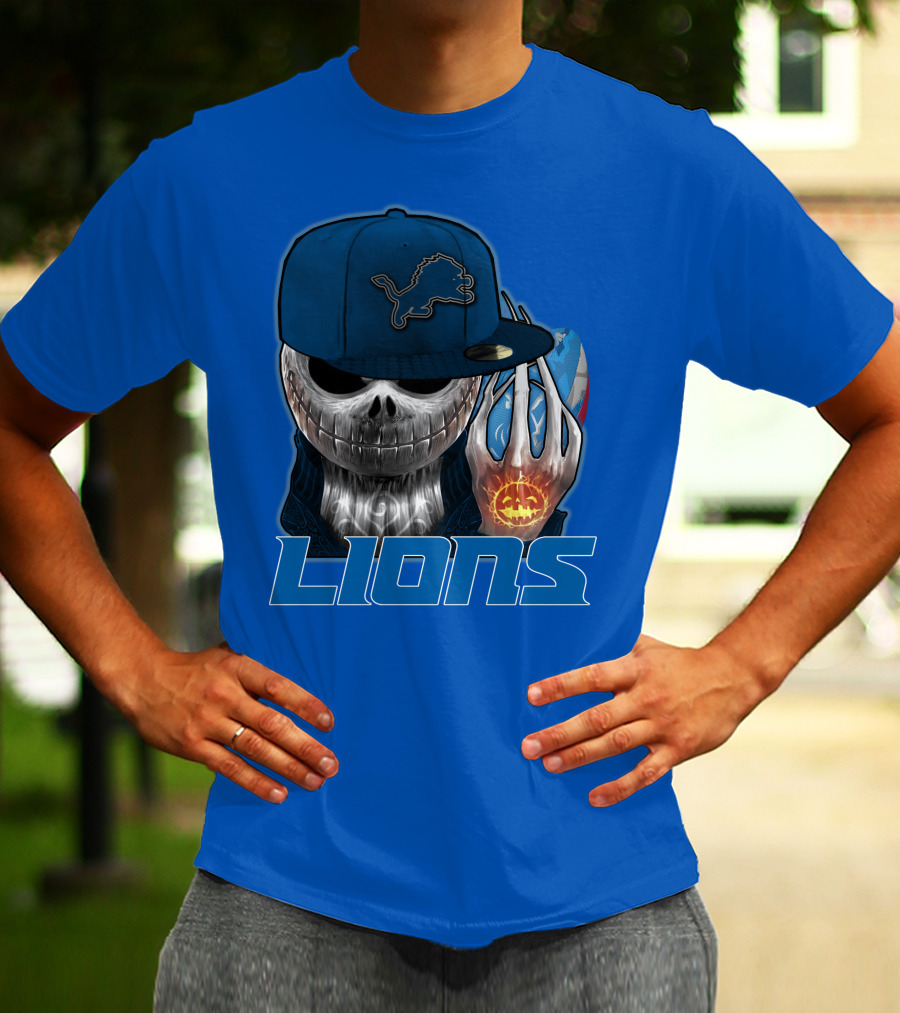 LIONS Jackskull Detroit Football Pumpkin Face Cap T-Shirt