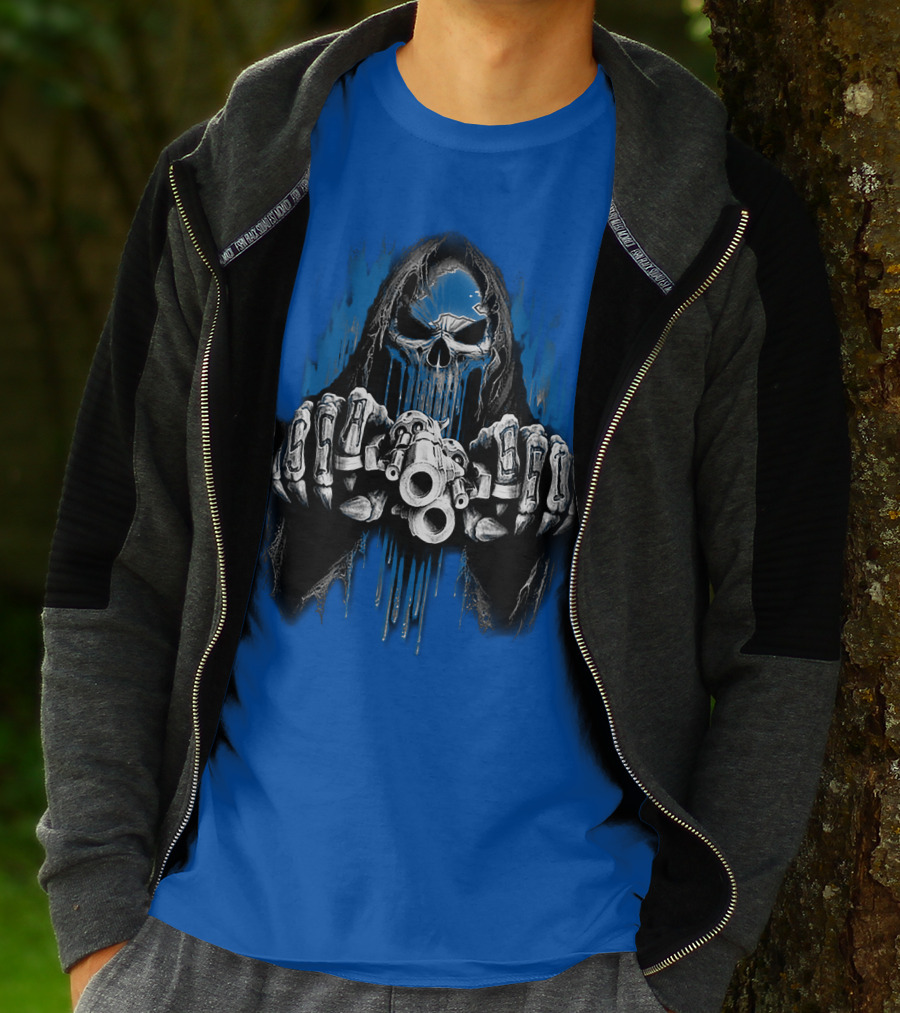 Detroit Lions 67 Grim Reaper Skeleton Guns T-Shirt
