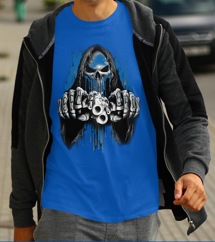 Detroit Lions 67 Grim Reaper Skeleton Guns T-Shirt
