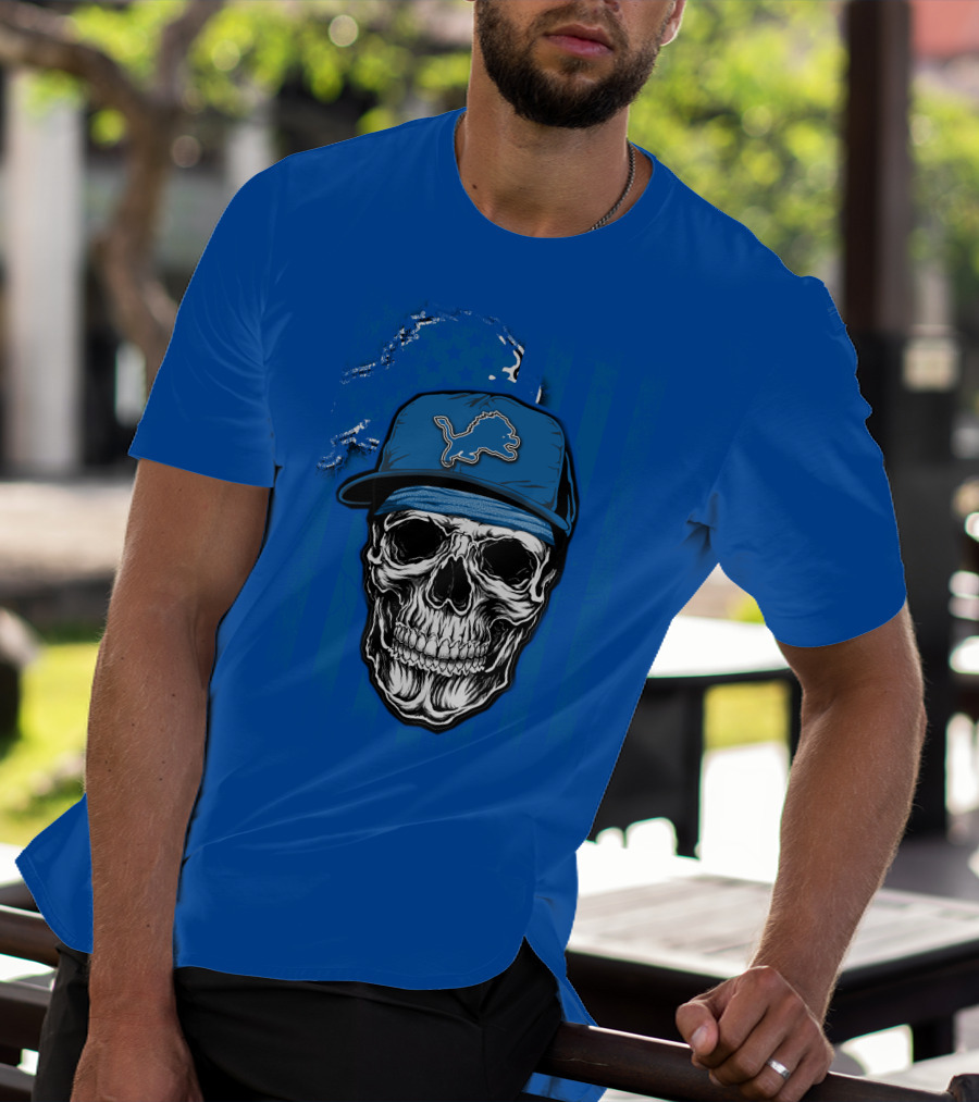 DETROIT LIONS Skull With Cap Sports T-Shirt