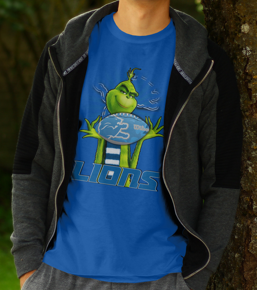 Grinch Holding Detroit Lions Football Blue T-Shirt