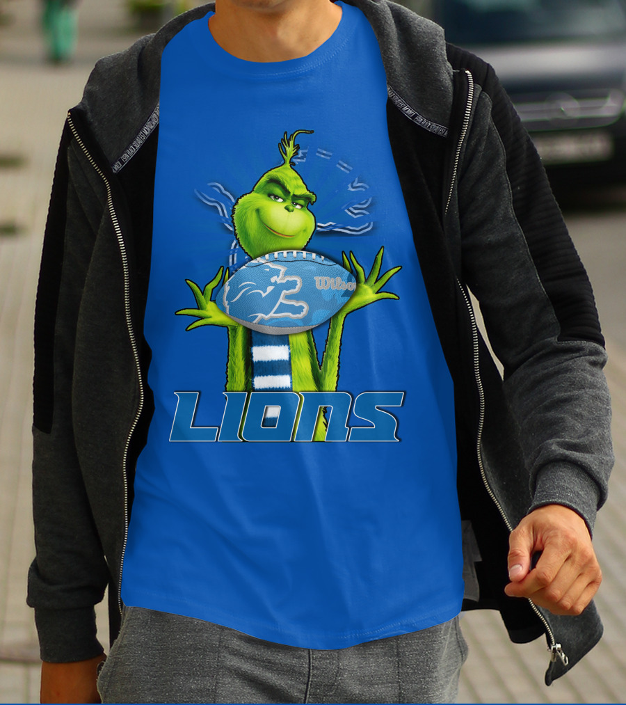 Grinch Holding Detroit Lions Football Blue T-Shirt