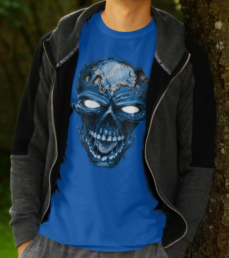 Skull Detroit Lions Distressed Blue Grunge T-Shirt