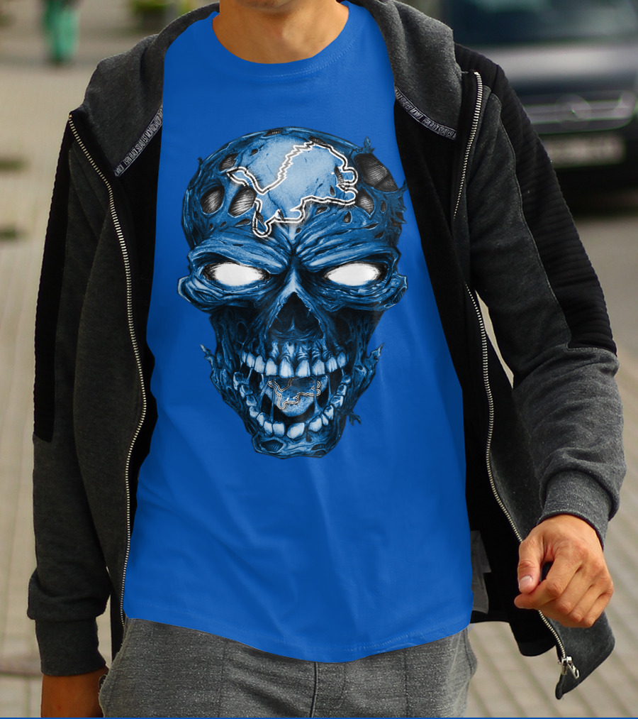Skull Detroit Lions Distressed Blue Grunge T-Shirt