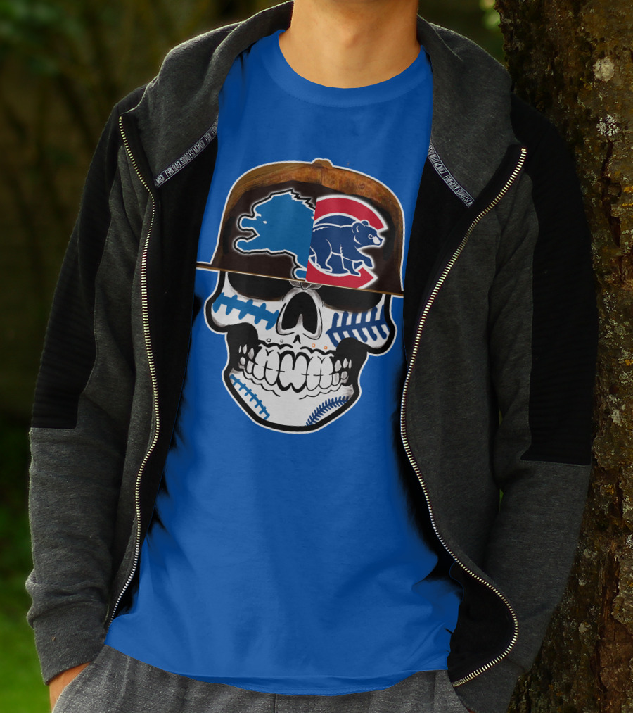 Detroit Lions Chicago Cubs Mashup Skull T-Shirt