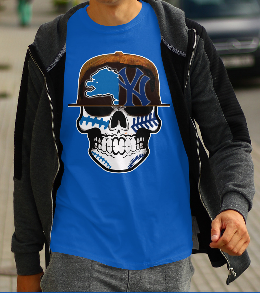 Detroit Lions Yankees Skull Blue Baseball Hat 74 T-Shirt