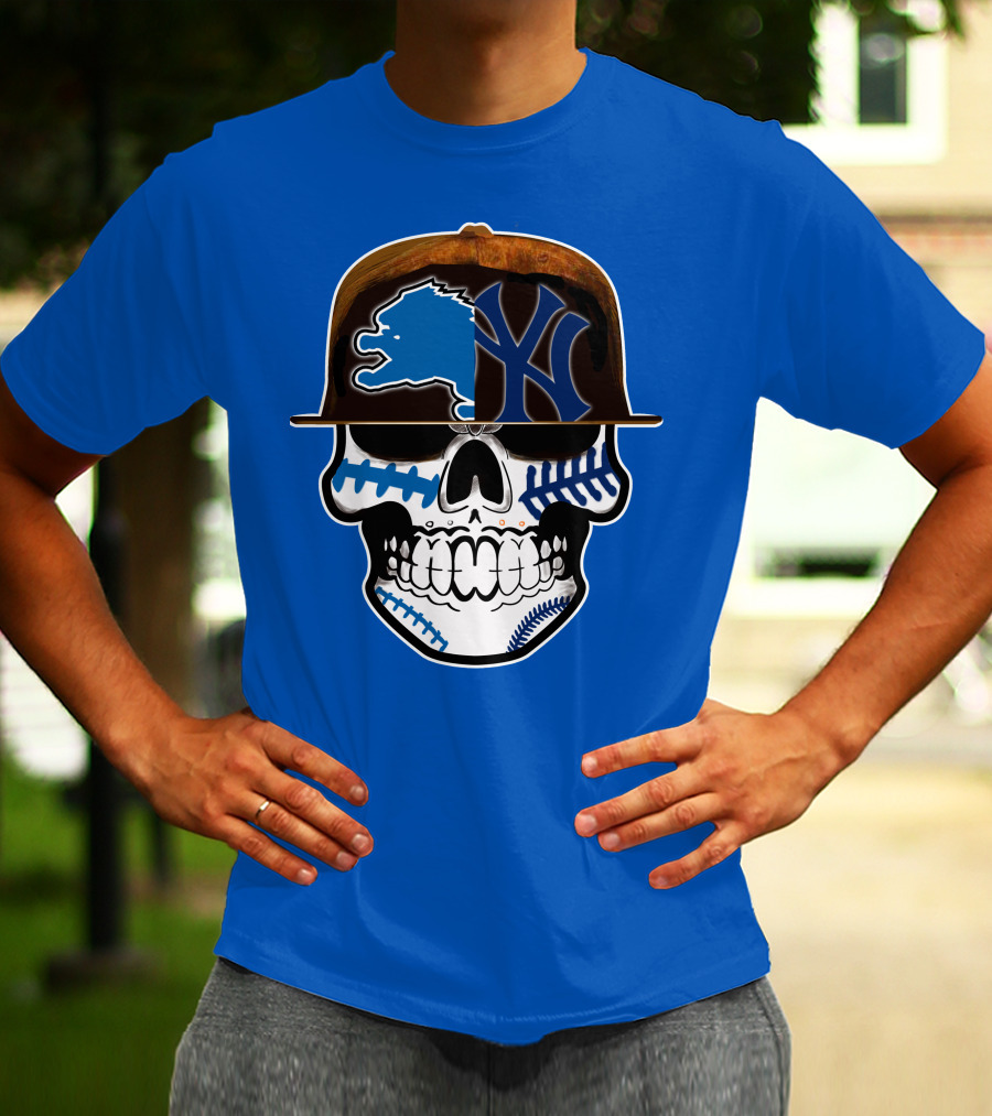 Detroit Lions Yankees Skull Blue Baseball Hat 74 T-Shirt