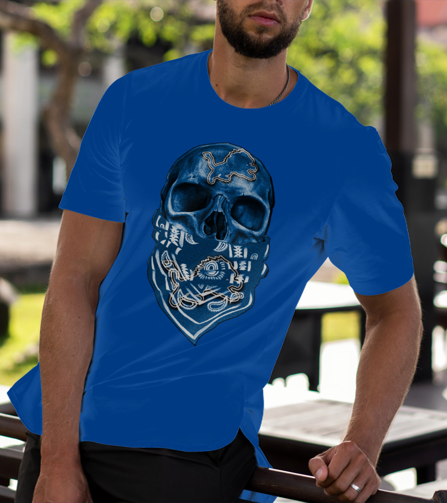 Detroit Lions Skull Bandana Blue T-Shirt