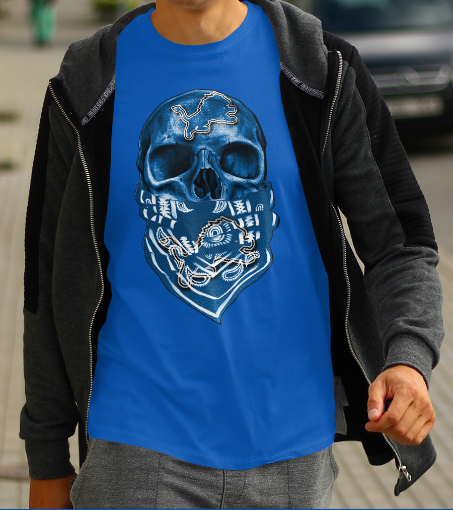 Detroit Lions Skull Bandana Blue T-Shirt