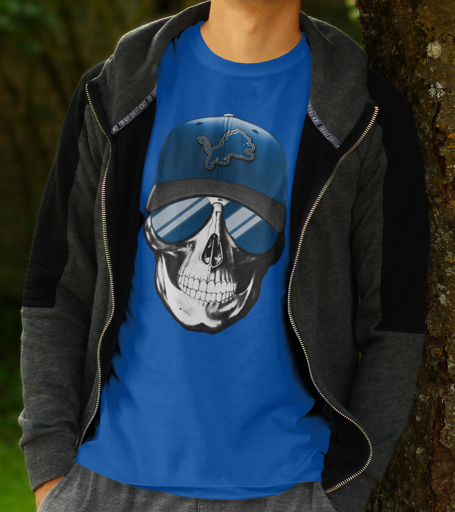 Skull Wearing Detroit Lions Cap With Reflective Sunglasses T-Shirt