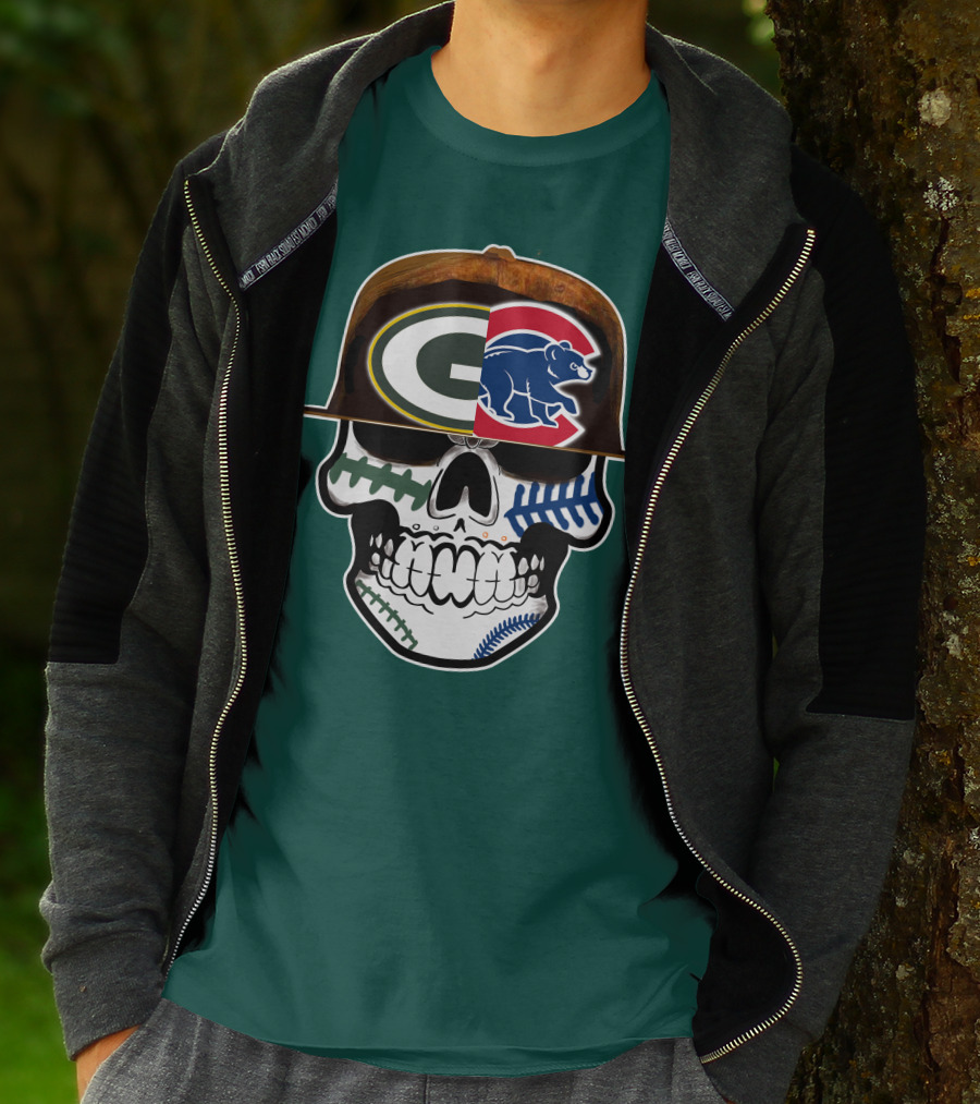 Green Bay Packers Chicago Cubs Skull Hat T-Shirt