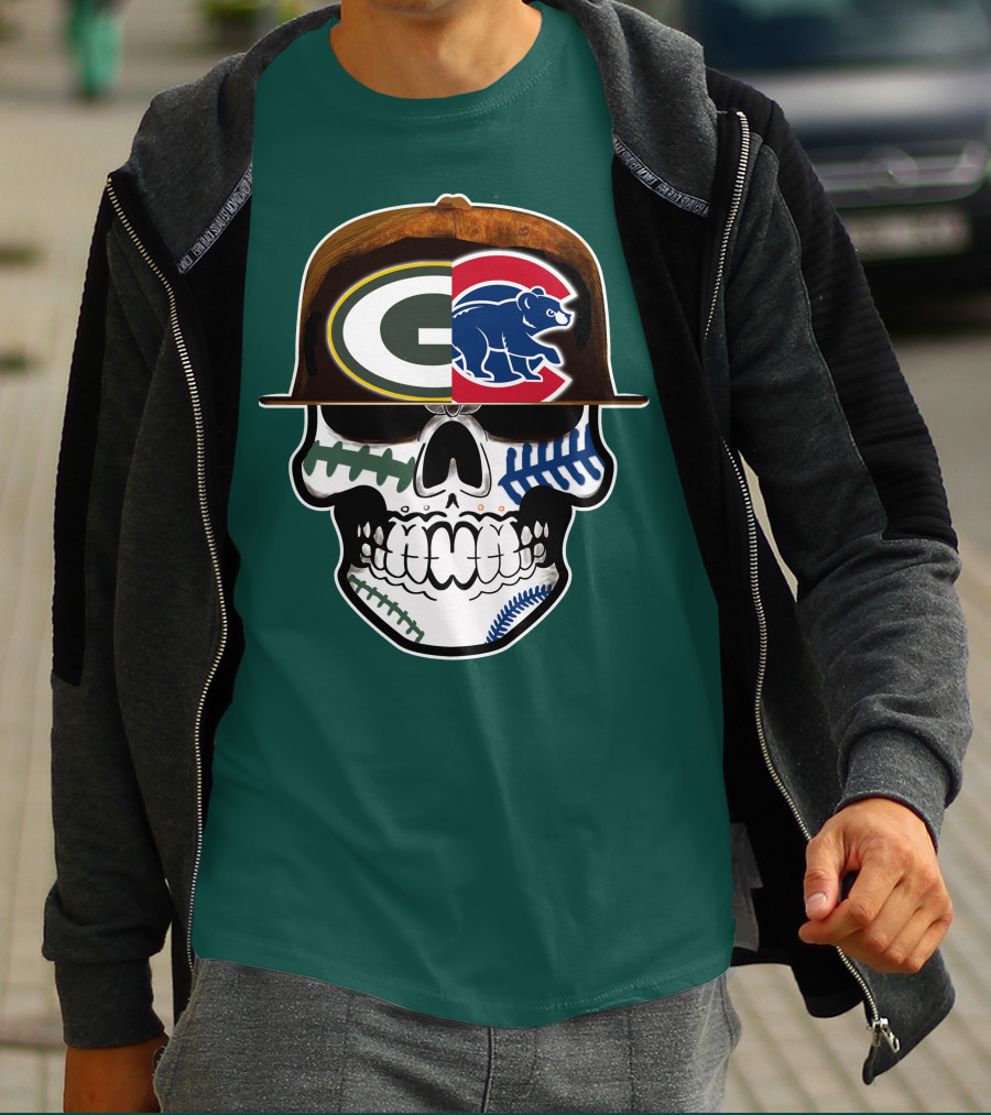Green Bay Packers Chicago Cubs Skull Hat T-Shirt