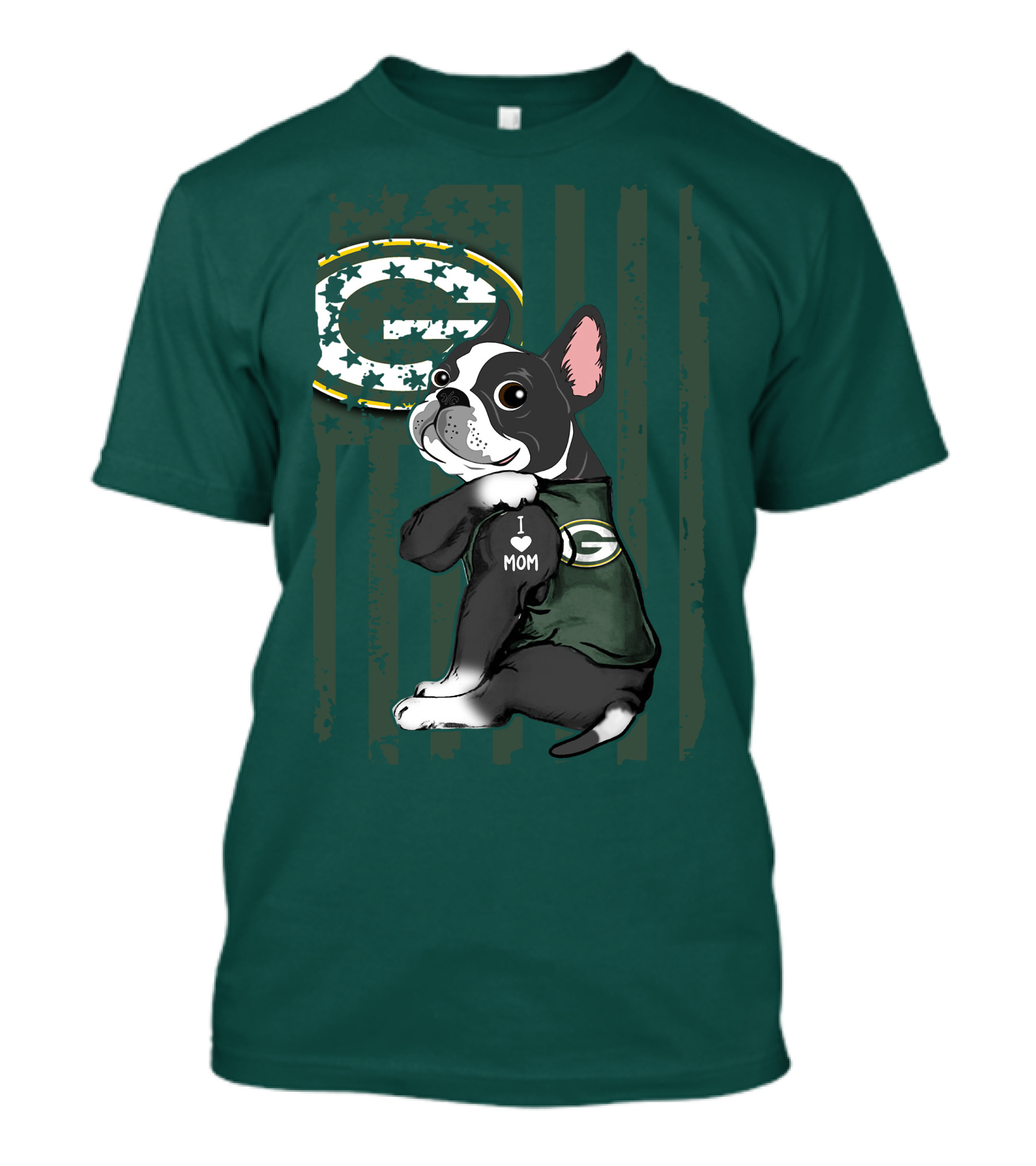 Boston Terrier Holding I Love Mom Green Bay Packers T-Shirt