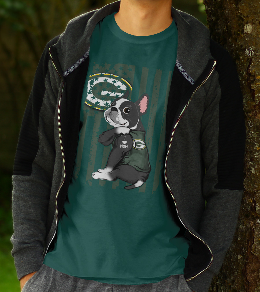 Boston Terrier Holding I Love Mom Green Bay Packers T-Shirt
