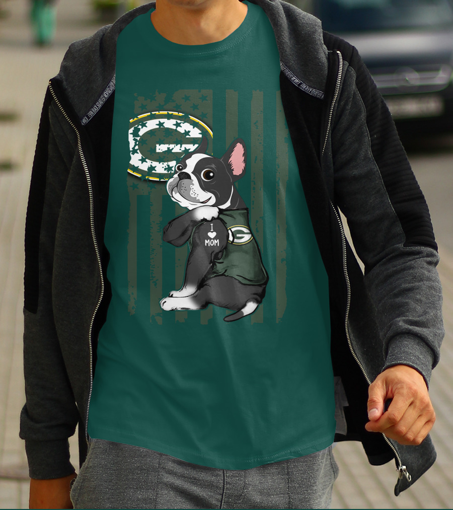Boston Terrier Holding I Love Mom Green Bay Packers T-Shirt