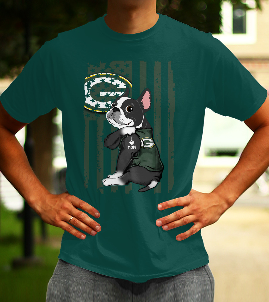 Boston Terrier Holding I Love Mom Green Bay Packers T-Shirt