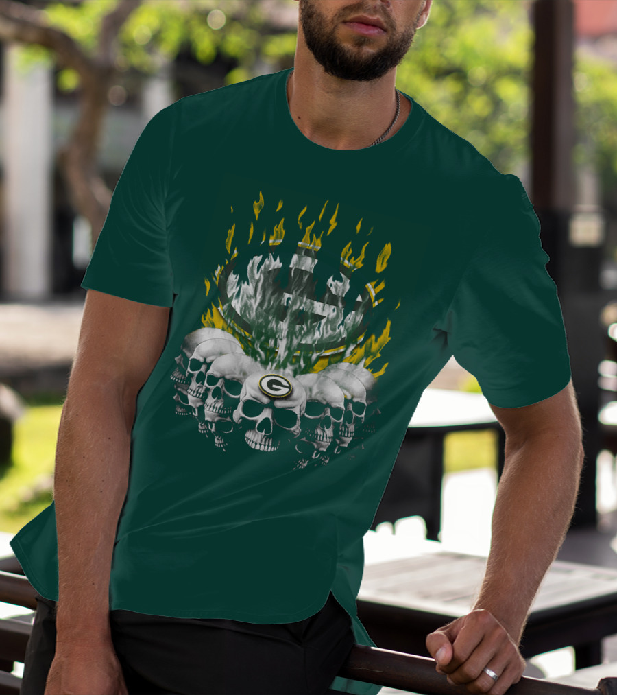 Green Bay Packers Flaming Skull T-Shirt