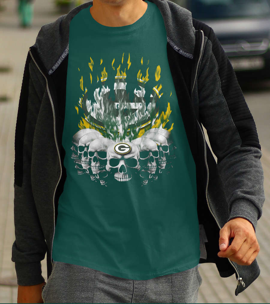 Green Bay Packers Flaming Skull T-Shirt