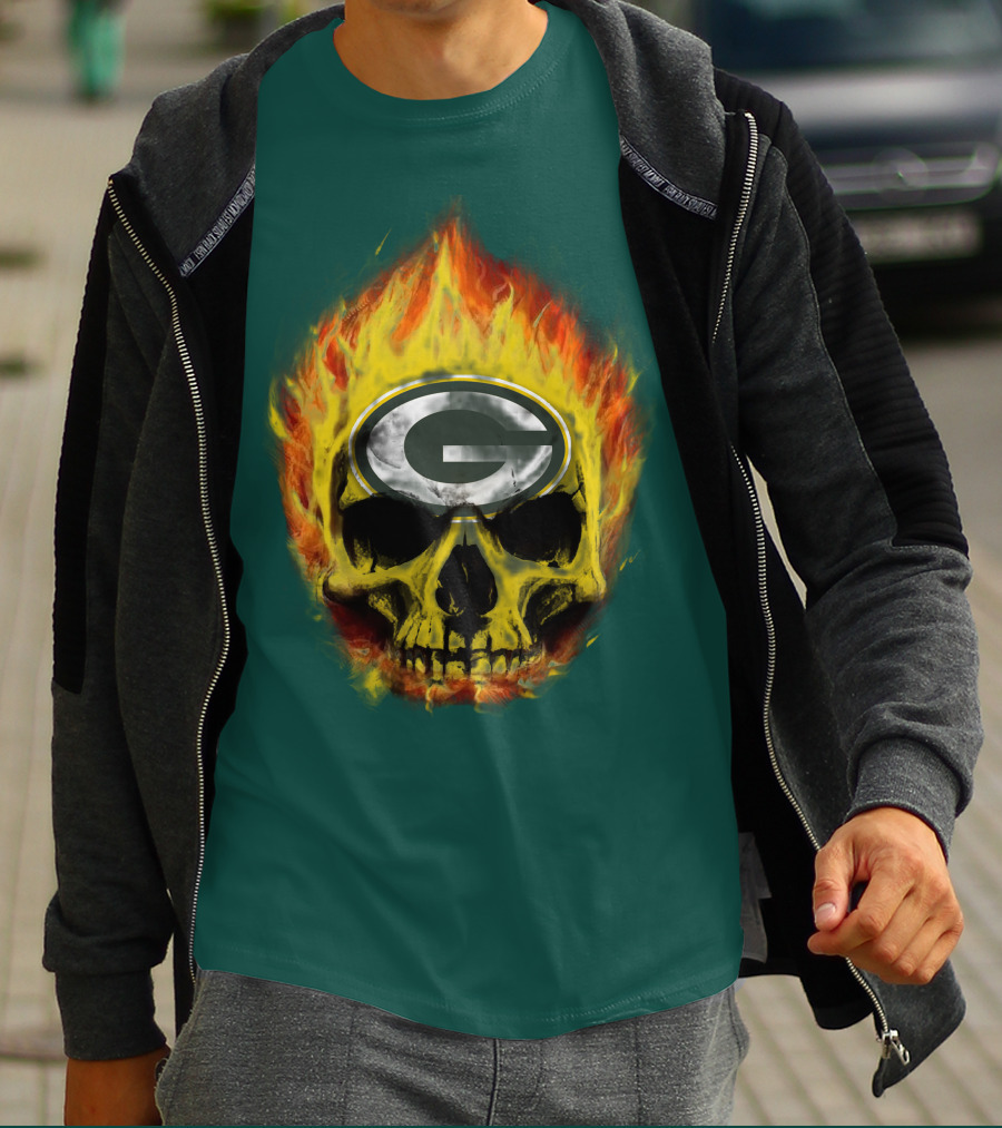 Green Bay Packers Skull Flames T-Shirt