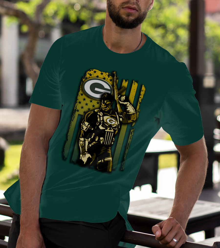 Green Bay Packers Soldier With Rifle And American Flag T-Shirt