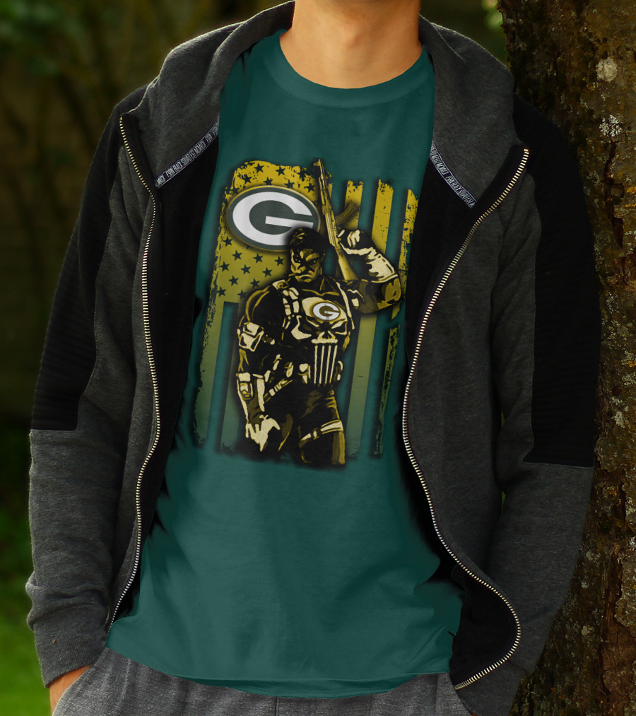 Green Bay Packers Soldier With Rifle And American Flag T-Shirt