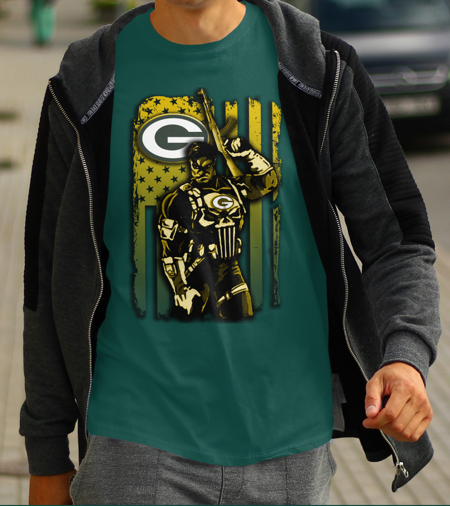 Green Bay Packers Soldier With Rifle And American Flag T-Shirt
