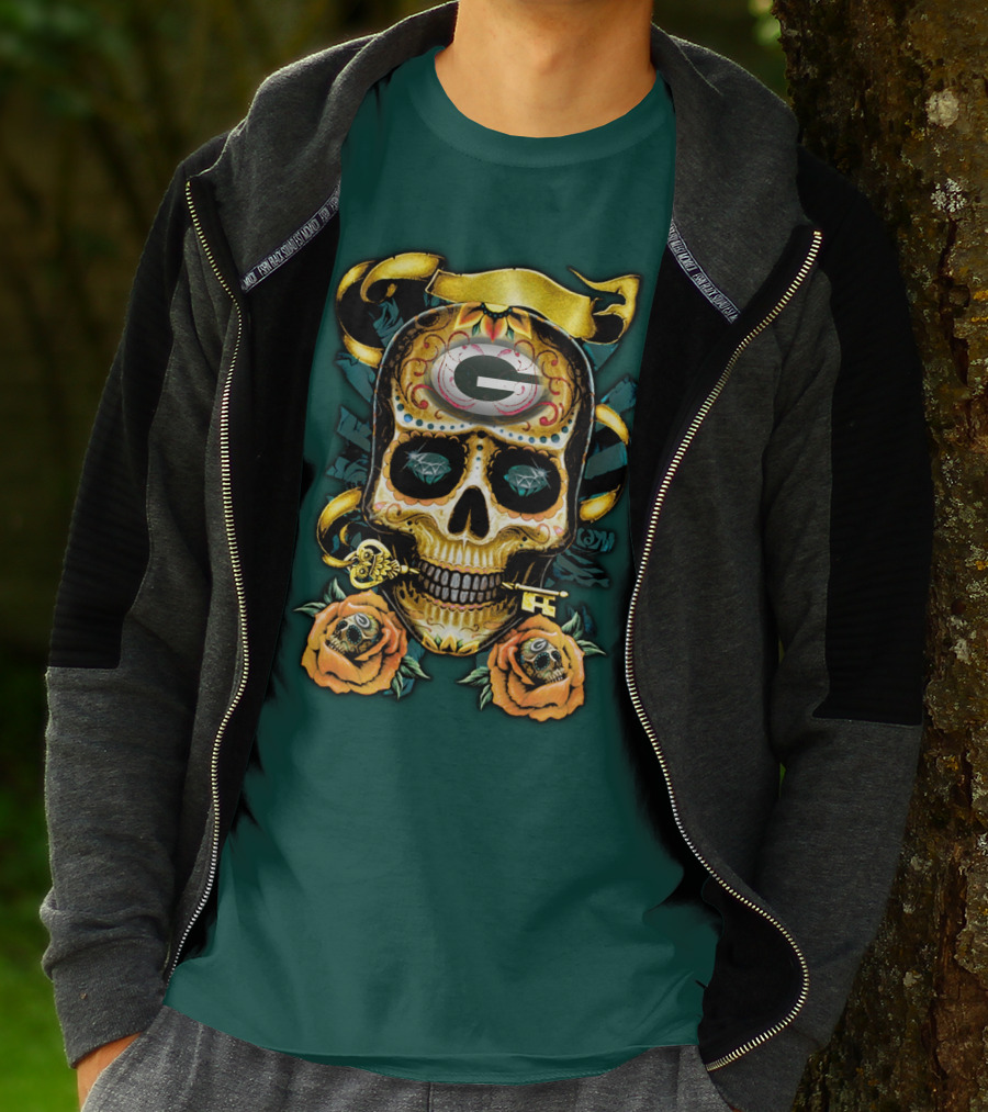 Green Bay Packers Sugar Skull Gothic Design With Floral And Key Elements T-Shirt