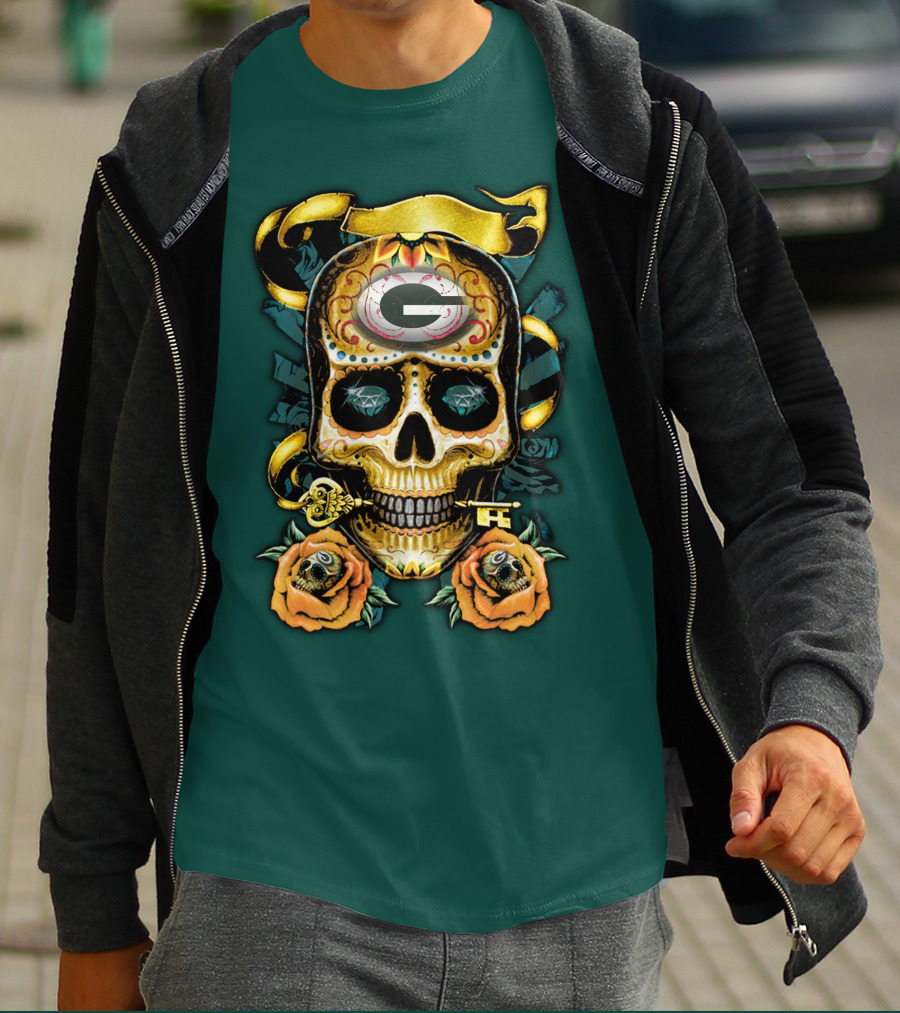 Green Bay Packers Sugar Skull Gothic Design With Floral And Key Elements T-Shirt